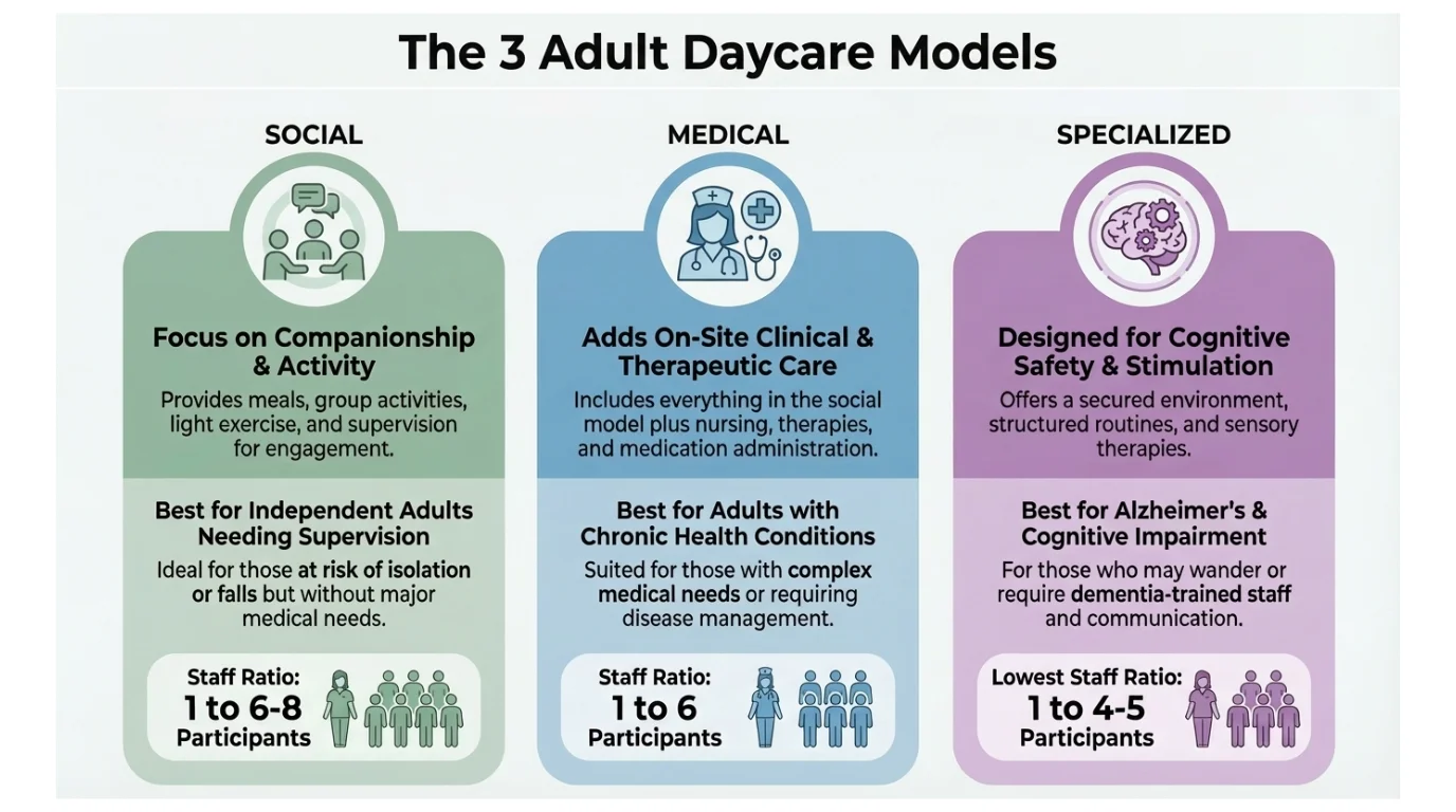 Infographic showing the three types of adult day care: Social Model (activities and companionship), Medical Model (nursing and therapy), and Specialized Dementia Programs