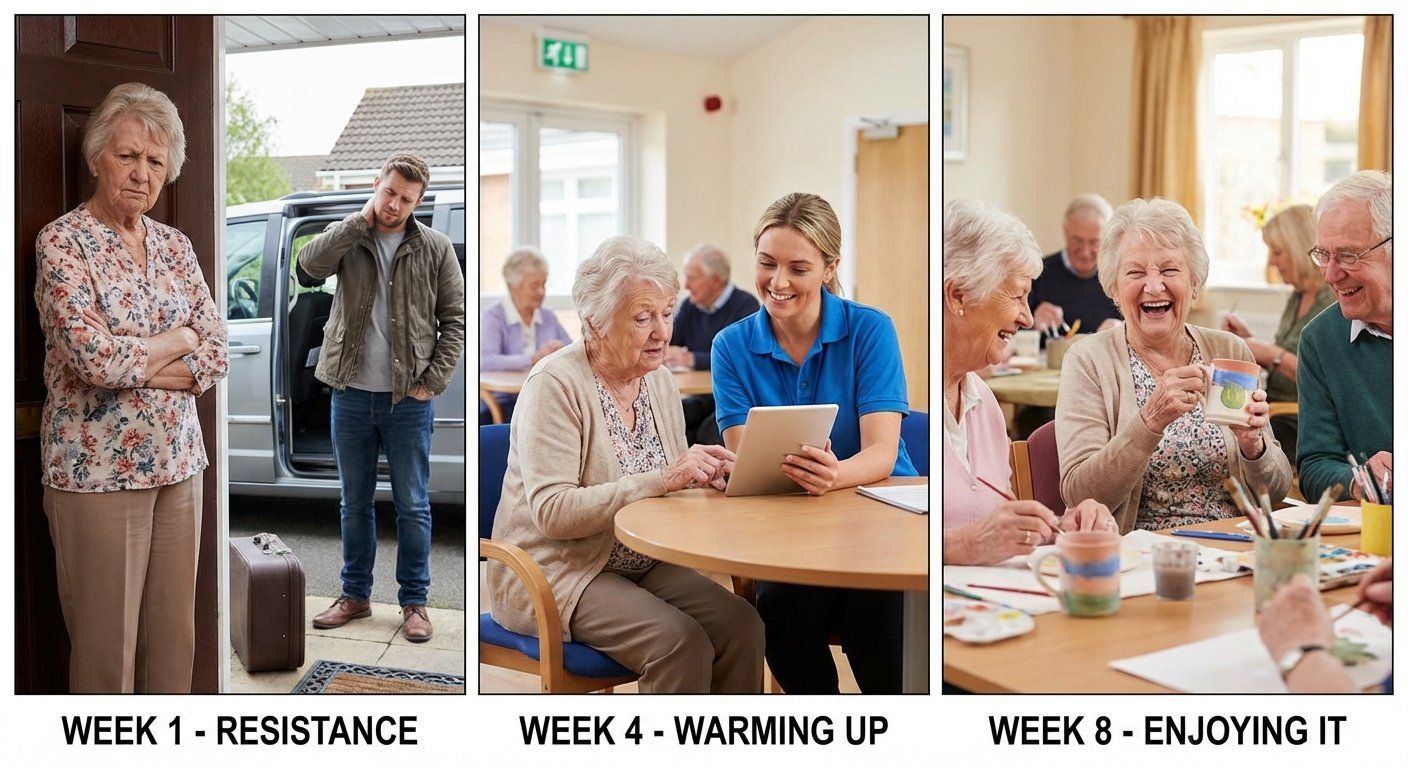 The adjustment journey: Week 1 shows elderly woman resistant with arms crossed, Week 4 shows her warming up with a staff member, Week 8 shows her laughing and enjoying art activities with other participants.