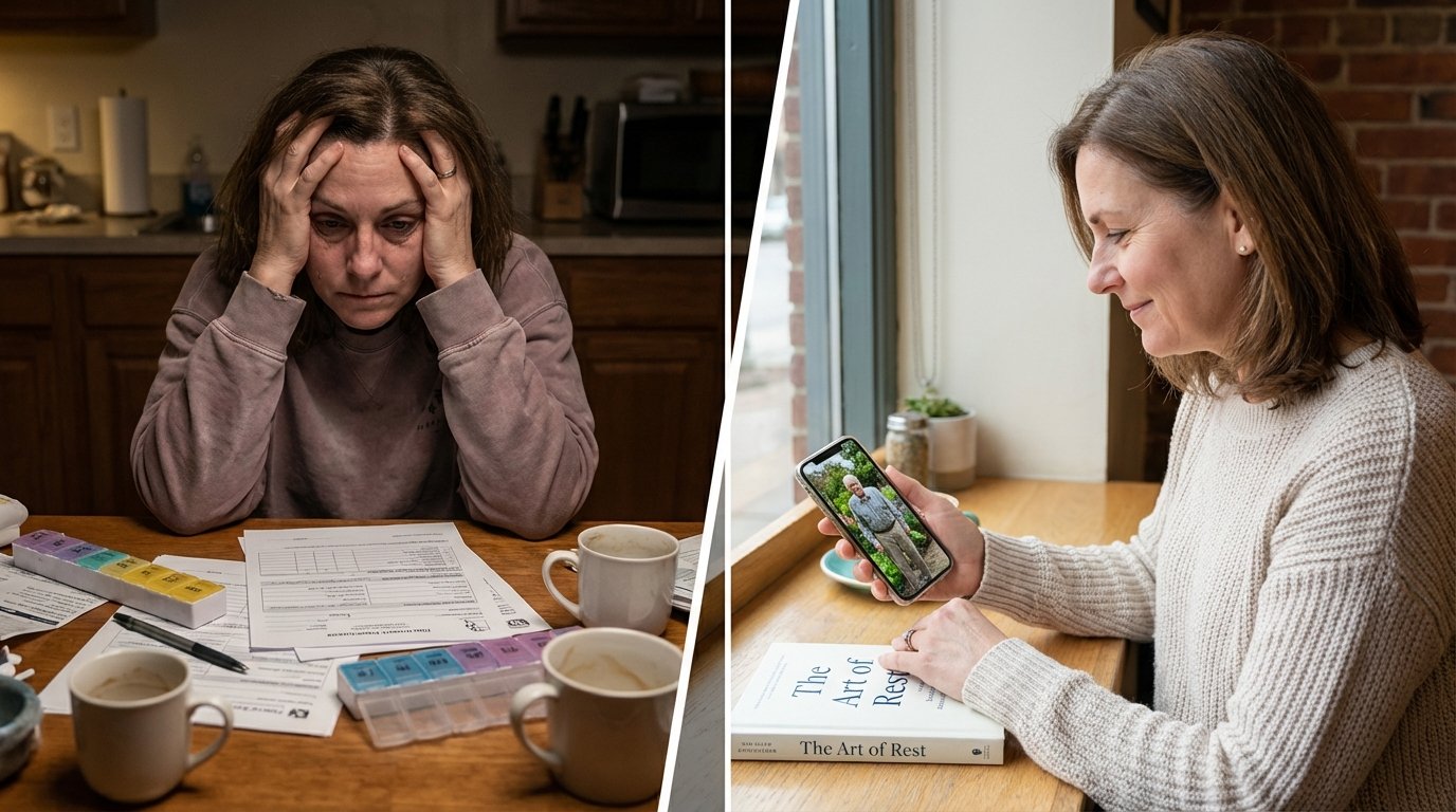Before and after: Left shows exhausted caregiver overwhelmed with paperwork and pill organizers. Right shows the same caregiver relaxed, reading while viewing a photo of her parent happy at adult day care.