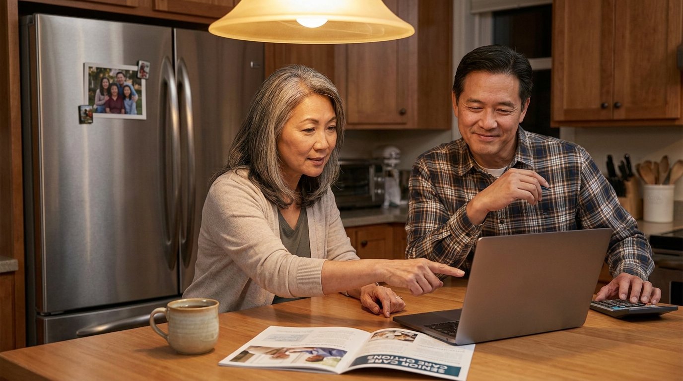 A couple in their fifties at the kitchen table with a laptop, a calculator and a senior care brochure, calmly working out a monthly care budget