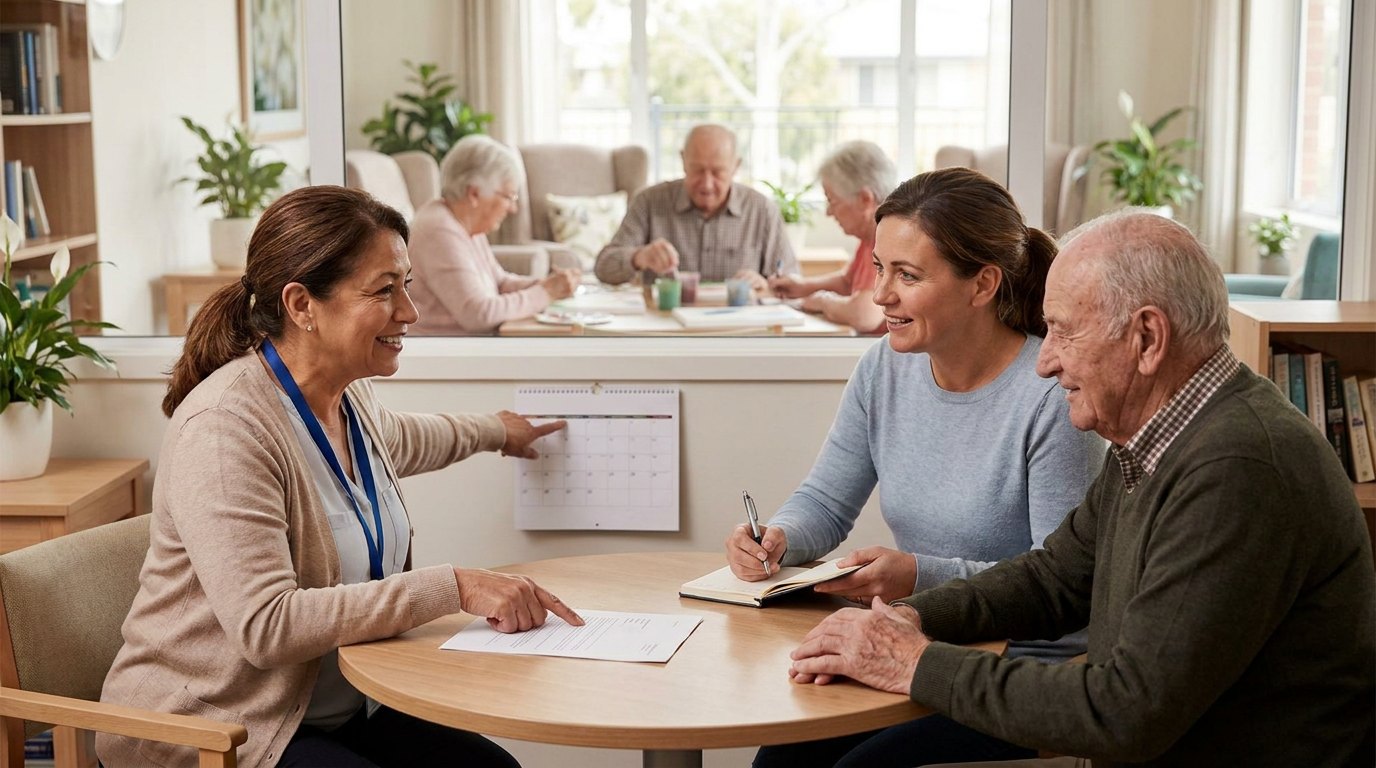 A woman and her father talk with a smiling adult day center director at a small table, going over a price sheet and a monthly calendar, while other participants do crafts in the room behind