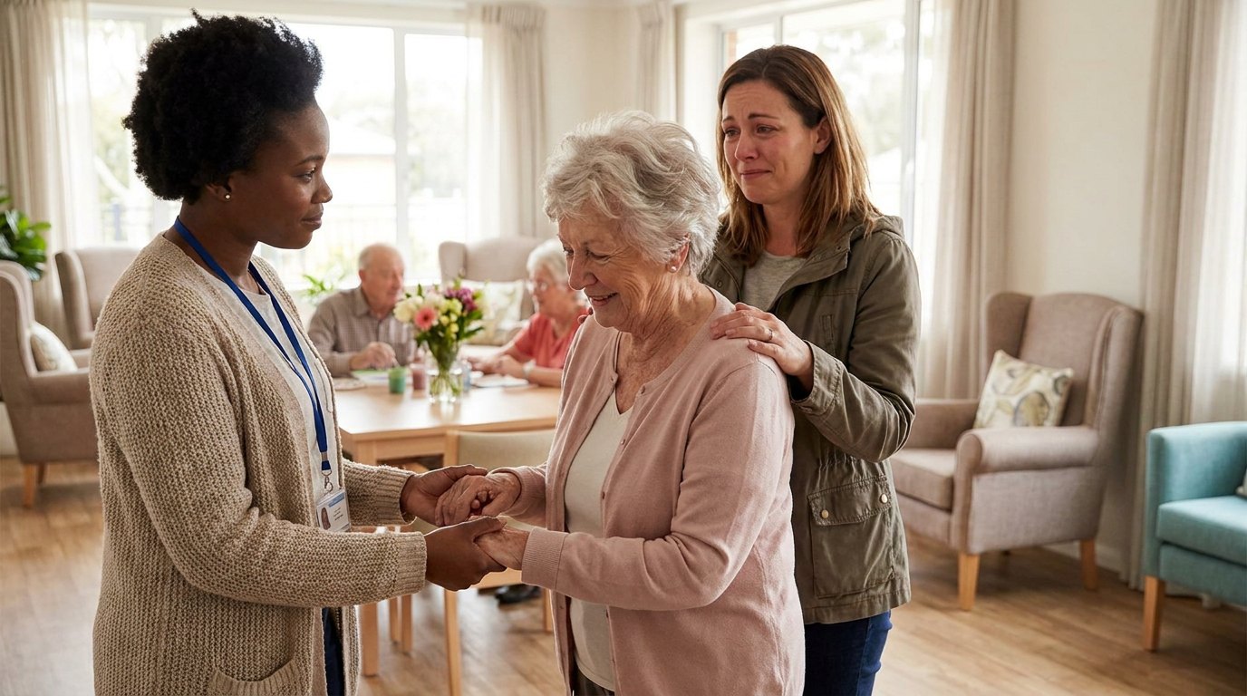 At the entrance of an adult day center, a staff member warmly holds the hands of an older woman who is starting to smile, while her daughter stands behind her with a hand on her shoulder