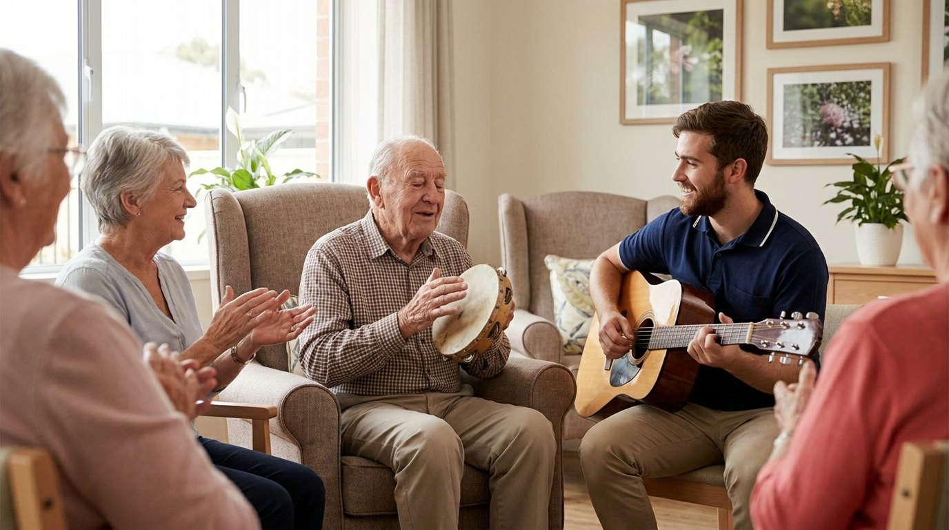 An older man with dementia smiles and taps a tambourine during a music session at an adult day center, while an aide plays guitar and the woman beside him claps along