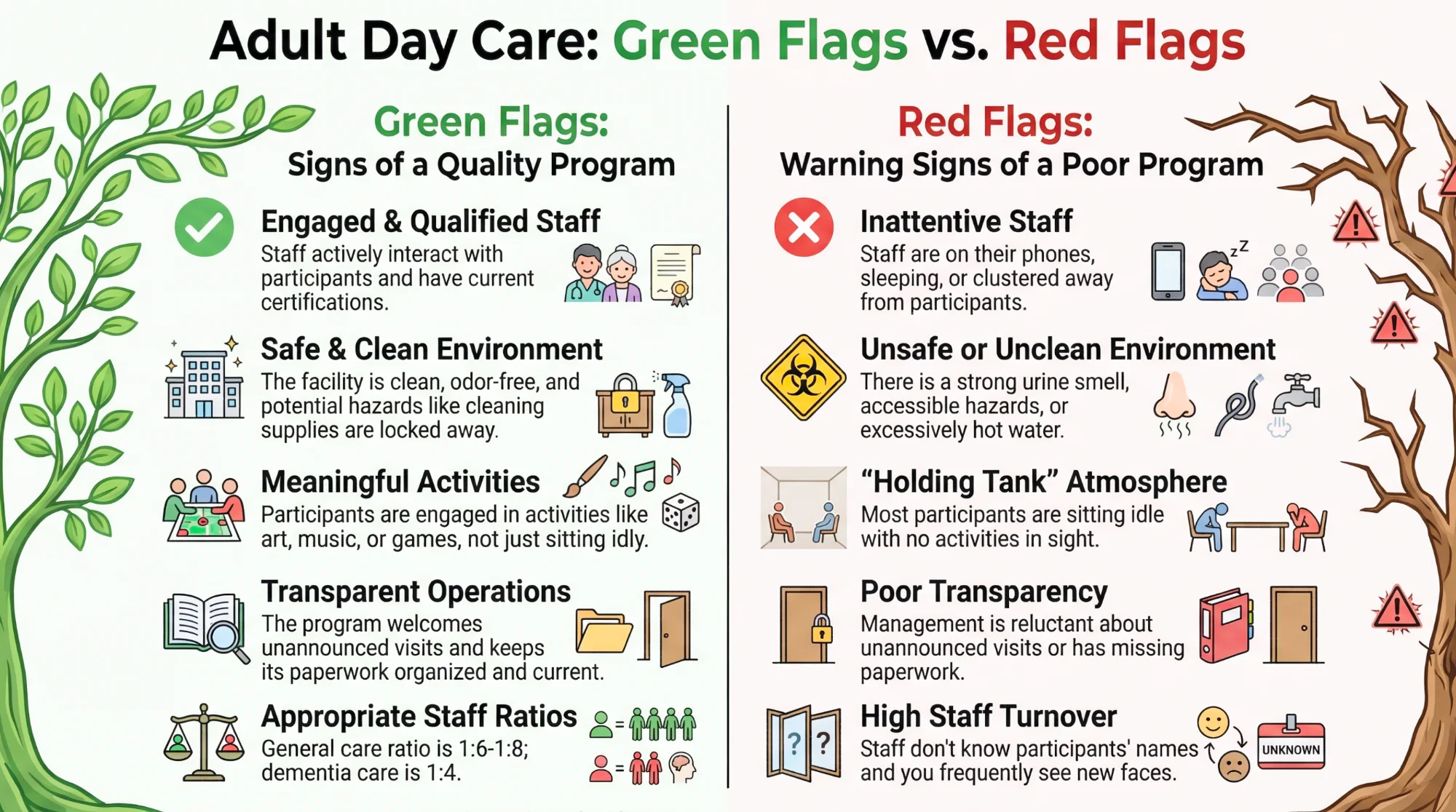Green Flags vs Red Flags infographic: Quality signs include engaged staff, clean environment, meaningful activities, transparent operations, and appropriate staff ratios. Warning signs include inattentive staff, unsafe environment, holding tank atmosphere, poor transparency, and high staff turnover.