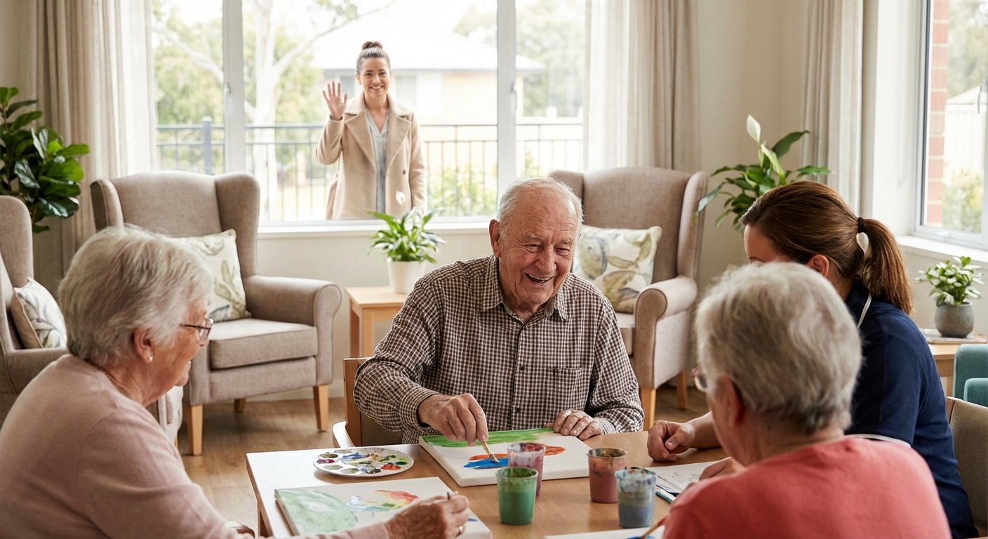 Elderly man smiling and painting at adult day care with other participants, while his daughter waves goodbye through the window with a look of relief