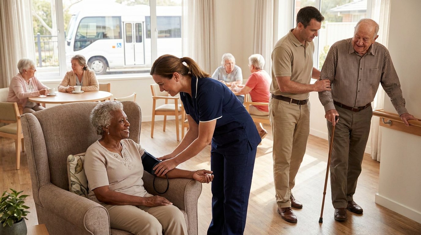 Inside a bright PACE center: a nurse checks the blood pressure of a smiling older woman while a therapist helps an older man walk with a cane, and others chat over coffee