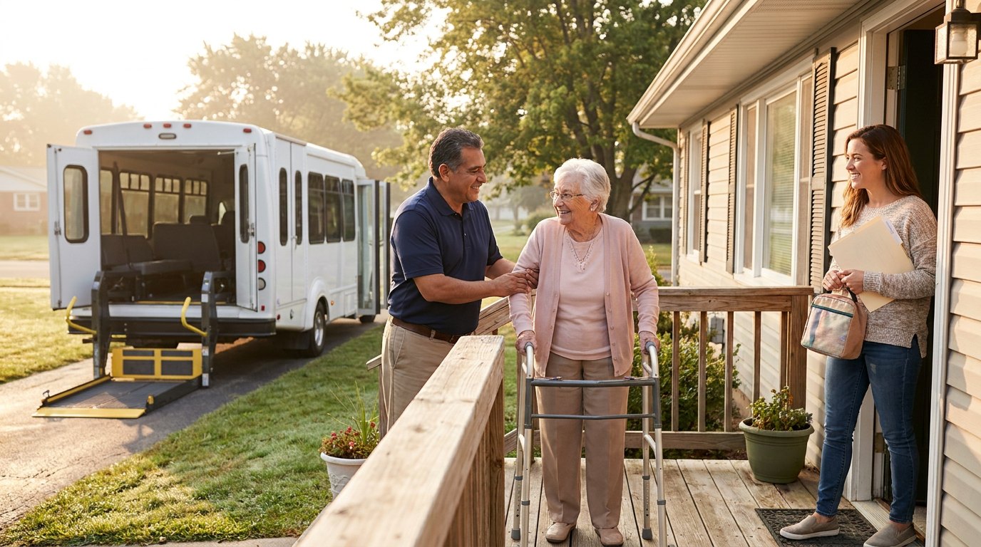 A PACE driver helps an older woman with a walker down the ramp of her home toward an accessible minibus, while her granddaughter waves from the doorway