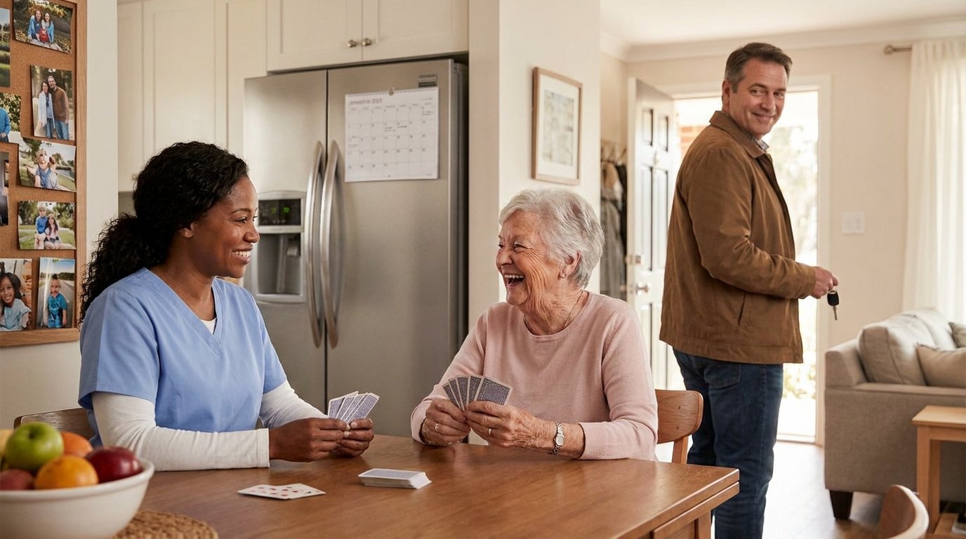 A respite caregiver and an older woman laughing over a card game at the kitchen table, while her son looks back from the doorway, reassured, before heading out