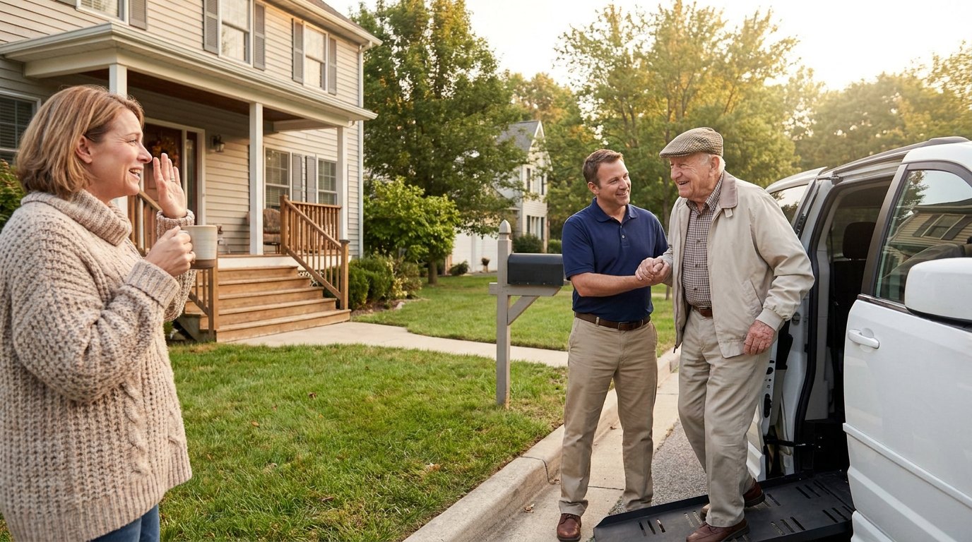 An older man smiling as an adult day center driver helps him into a van, while his daughter waves from the front yard with a relieved smile