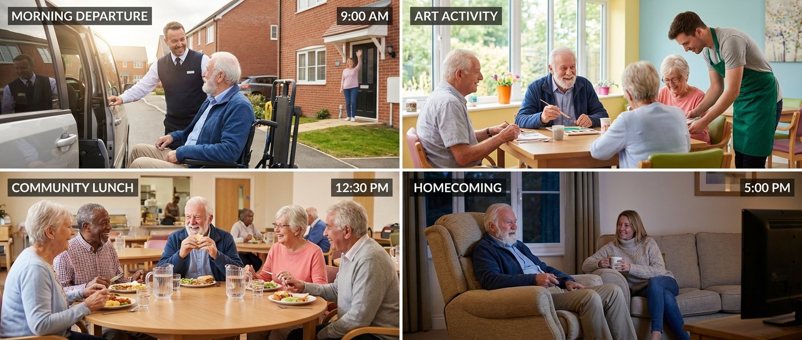 A day at adult day care: 9:00 AM morning departure, art activity with peers, 12:30 PM community lunch, and 5:00 PM homecoming with family